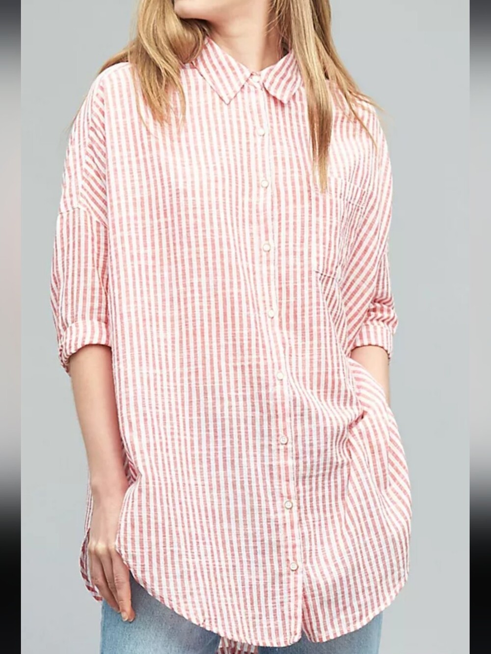Orvis Red And White Button Up 3/4 Sleeve Oversized Size Small